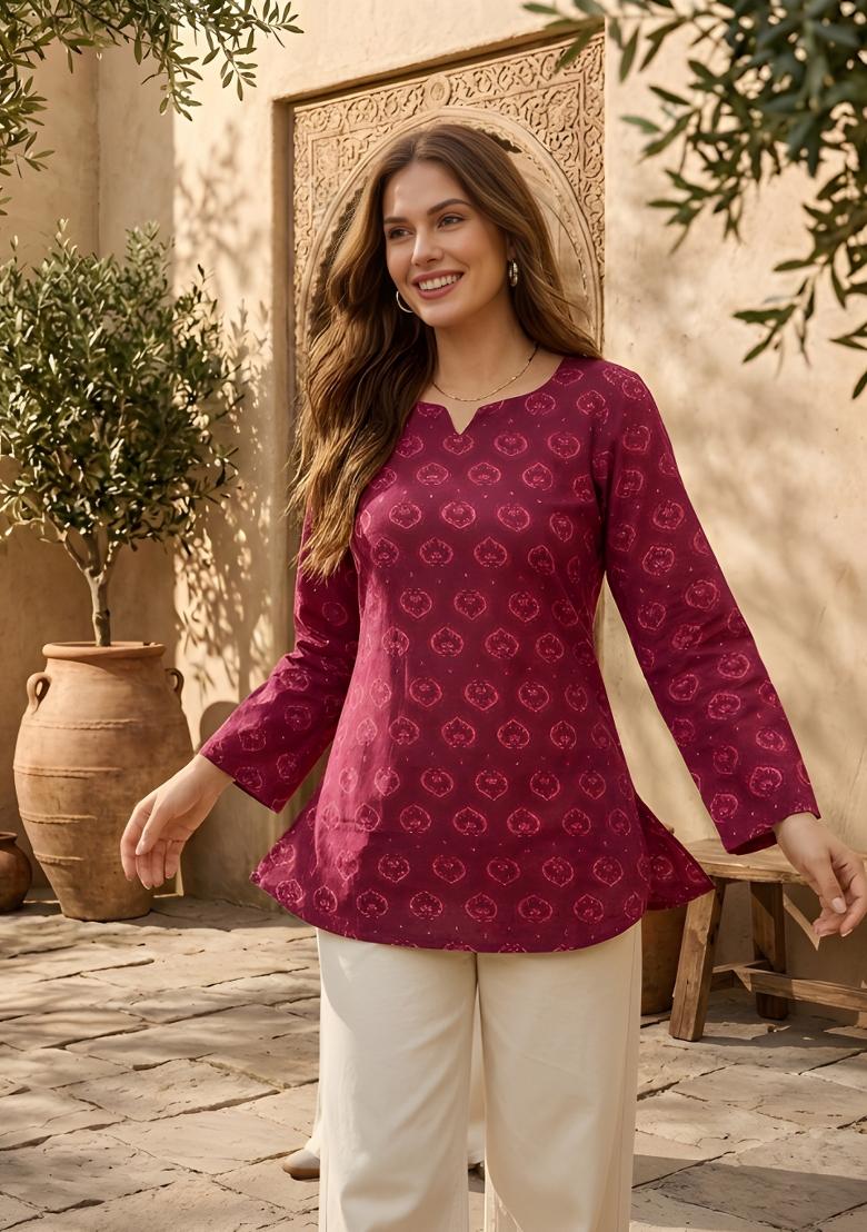 Maroon Printed Rayon Tunic - Indya