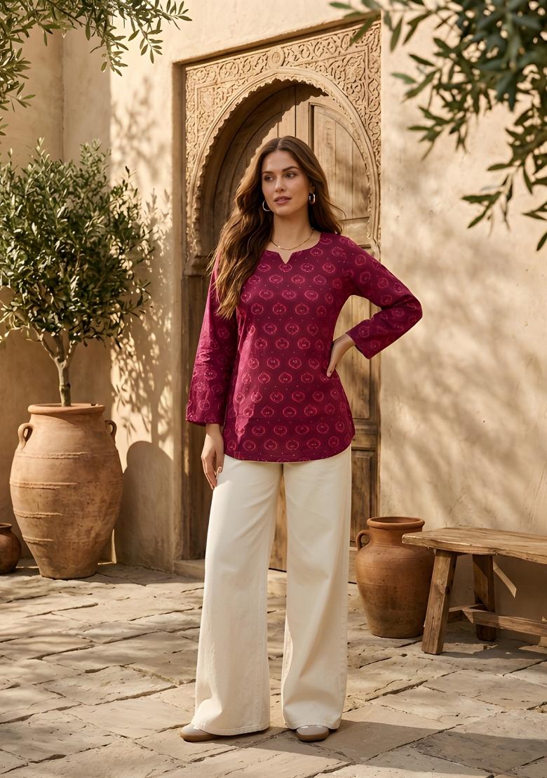 Maroon Printed Rayon Tunic - Indya