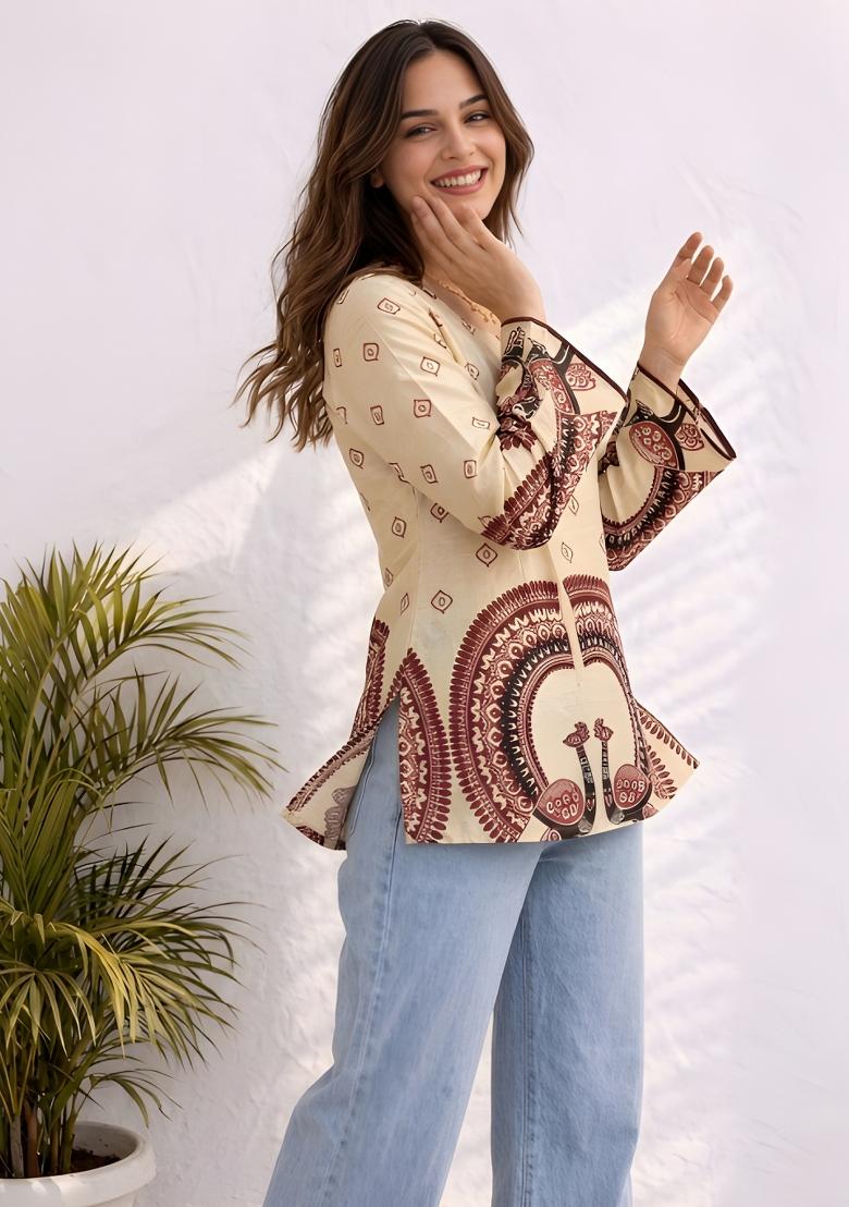Off White Printed Cotton Tunic - Indya