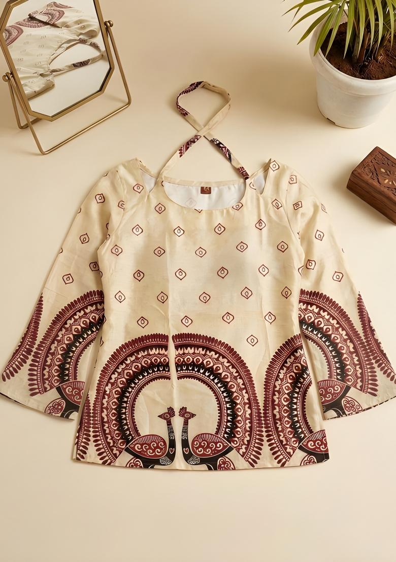 Off White Printed Cotton Tunic - Indya