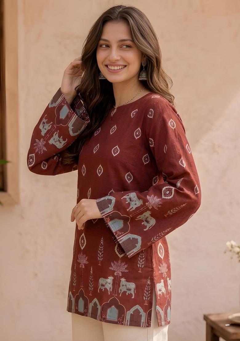 Maroon Printed Cotton Tunic - Indya