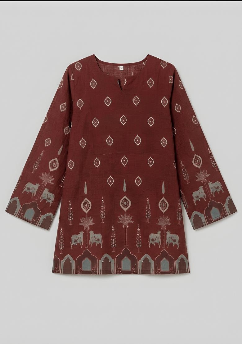 Maroon Printed Cotton Tunic - Indya