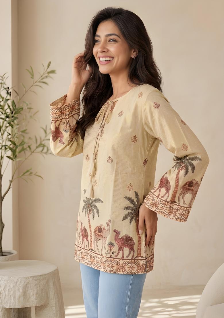 Off White Printed Cotton Tunic - Indya