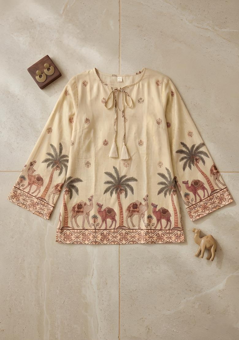 Off White Printed Cotton Tunic - Indya