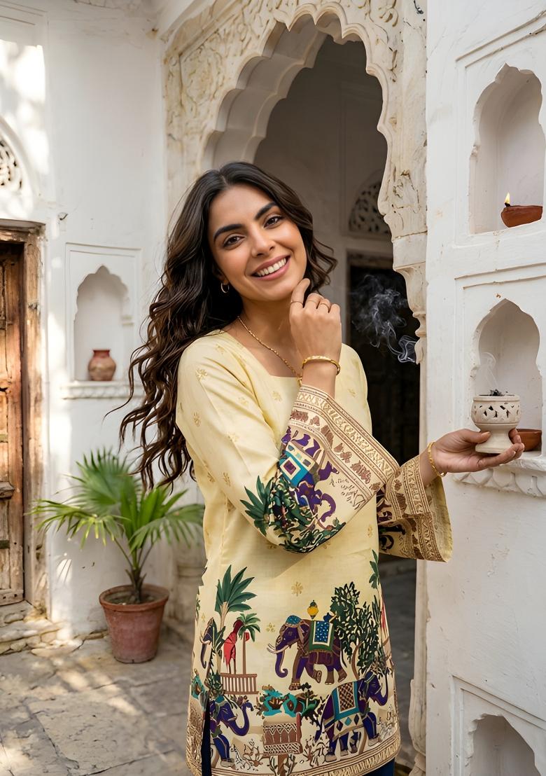 Off White Printed Cotton Tunic - Indya