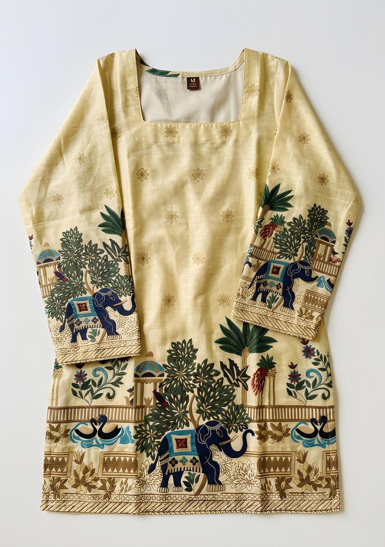 Off White Printed Cotton Tunic - Indya