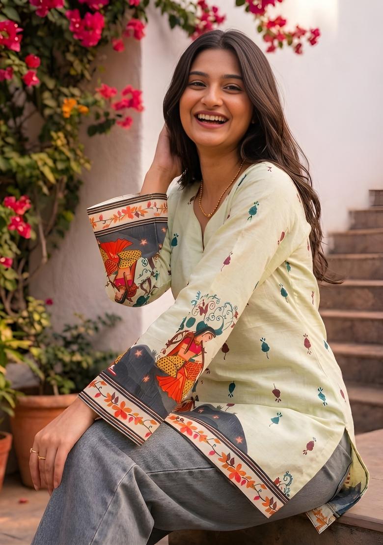 Off White Printed Cotton Tunic - Indya