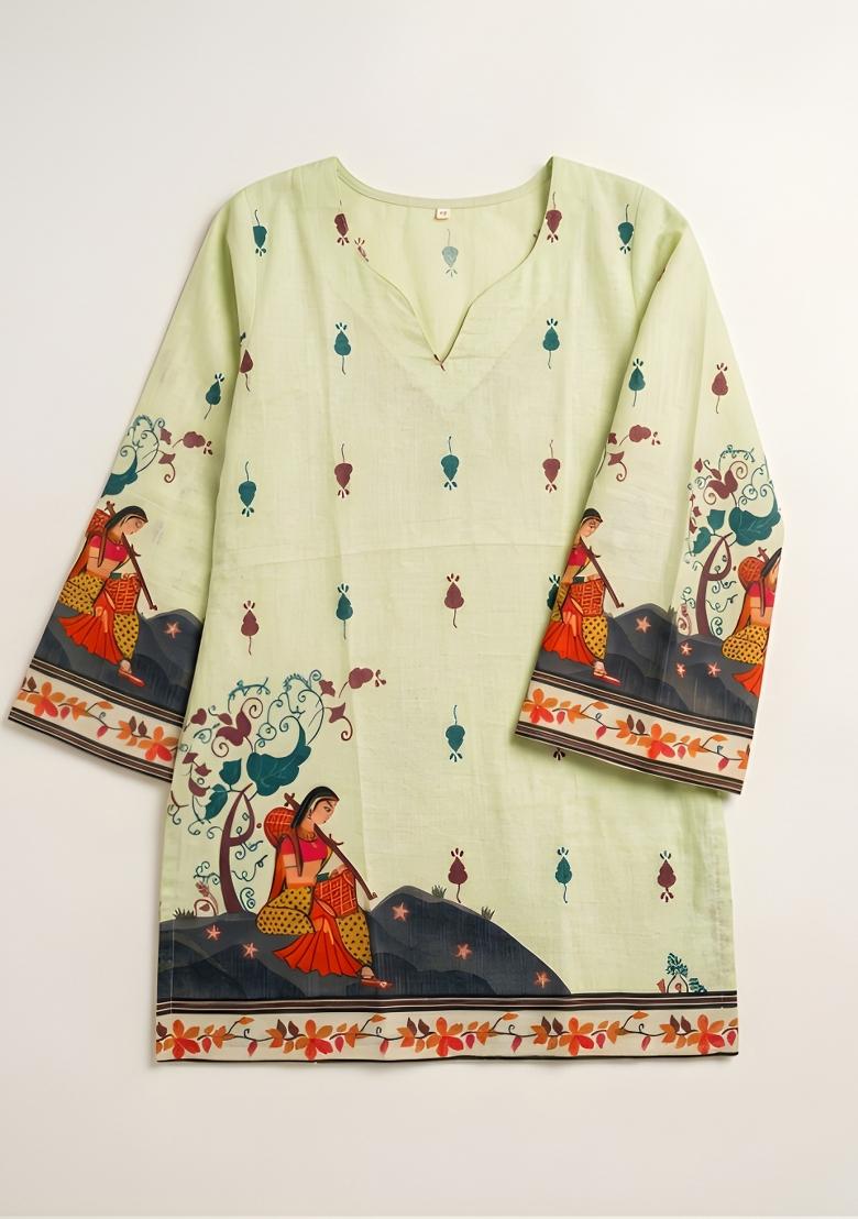 Off White Printed Cotton Tunic - Indya