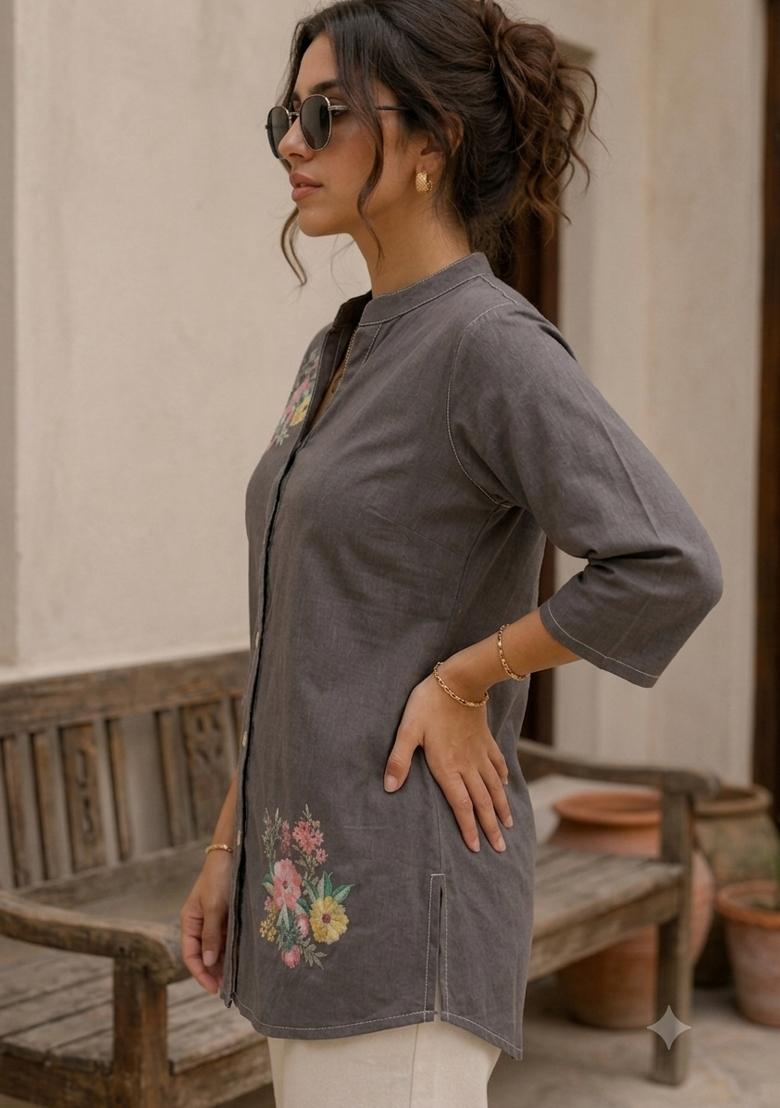 Grey Printed Cotton Tunic - Indya