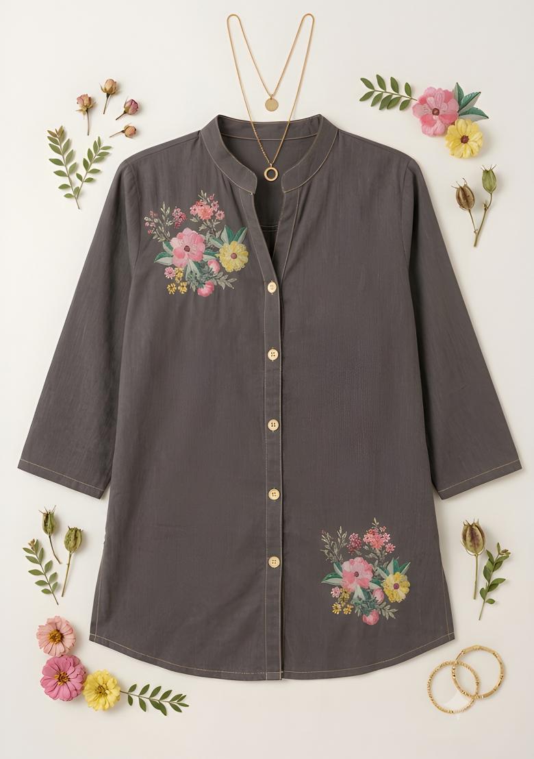 Grey Printed Cotton Tunic - Indya