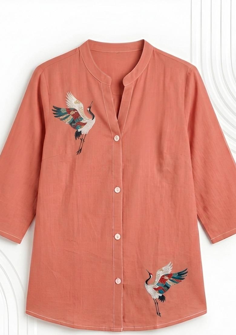 Coral Orange Printed Cotton Tunic - Indya