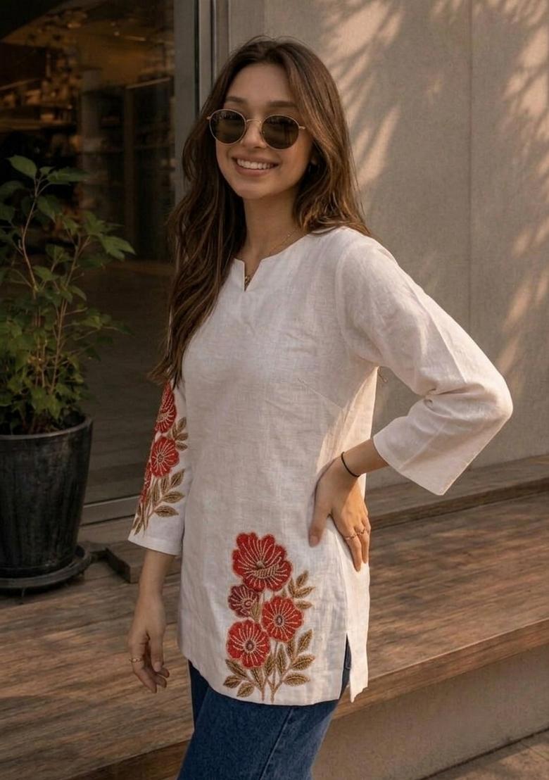 White Printed Cotton Tunic - Indya