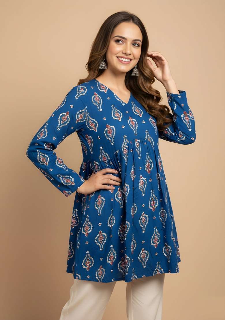 Blue Printed Cotton Top - Indya