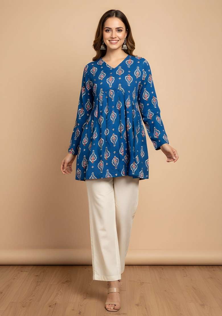 Blue Printed Cotton Top - Indya