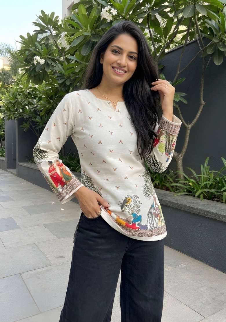 White Printed Cotton Top - Indya