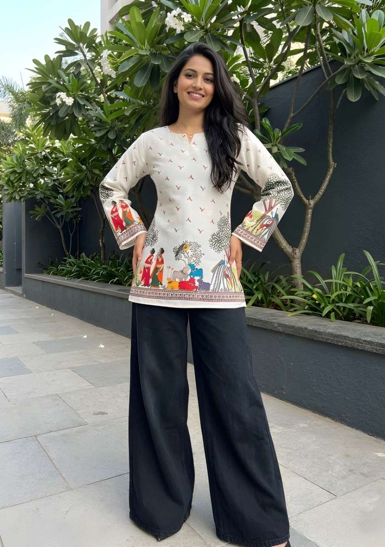 White Printed Cotton Top - Indya