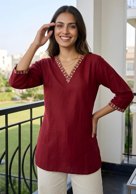Maroon Embroidered Silk Top