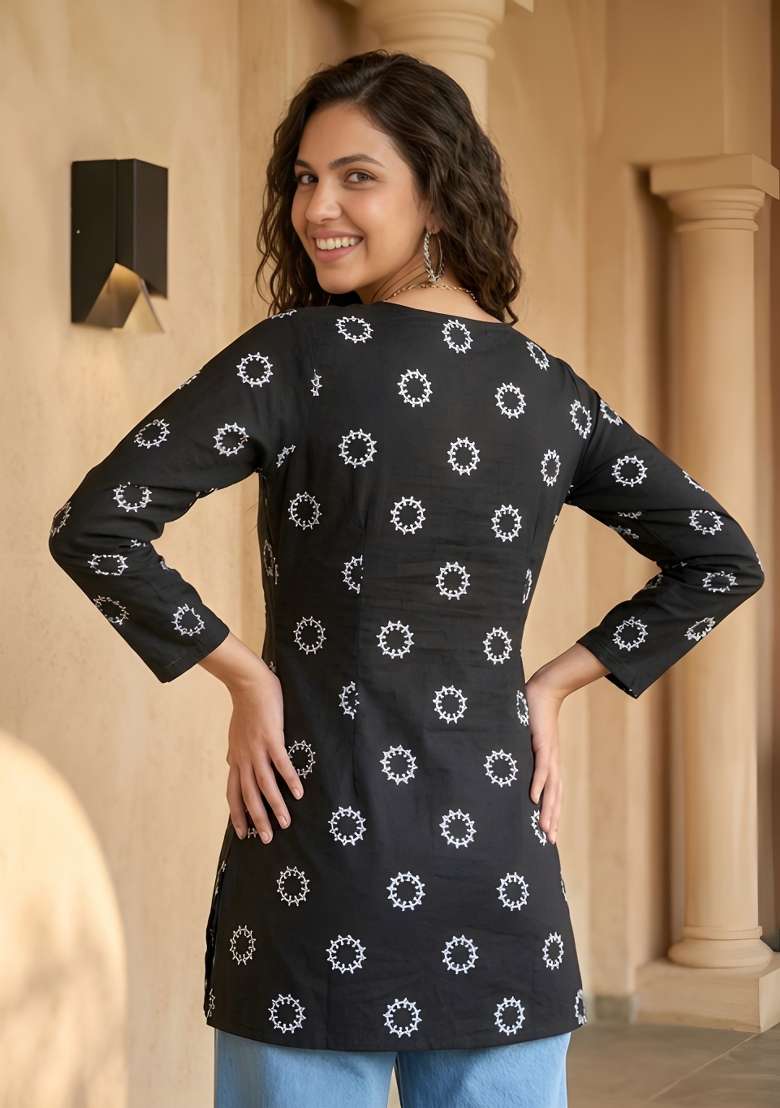 Black Printed Cotton Top - Indya