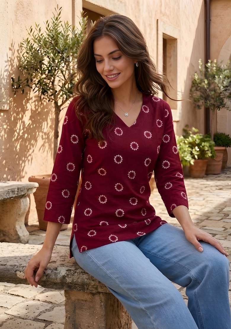 Maroon Printed Cotton Top - Indya