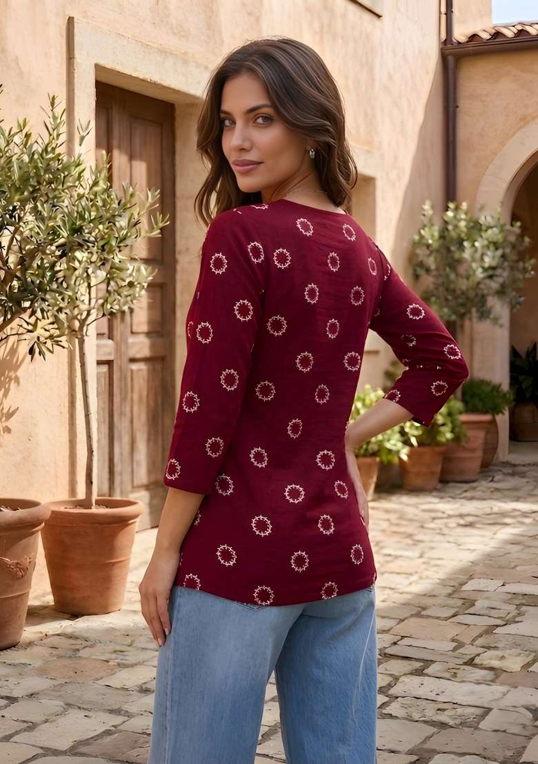 Maroon Printed Cotton Top - Indya