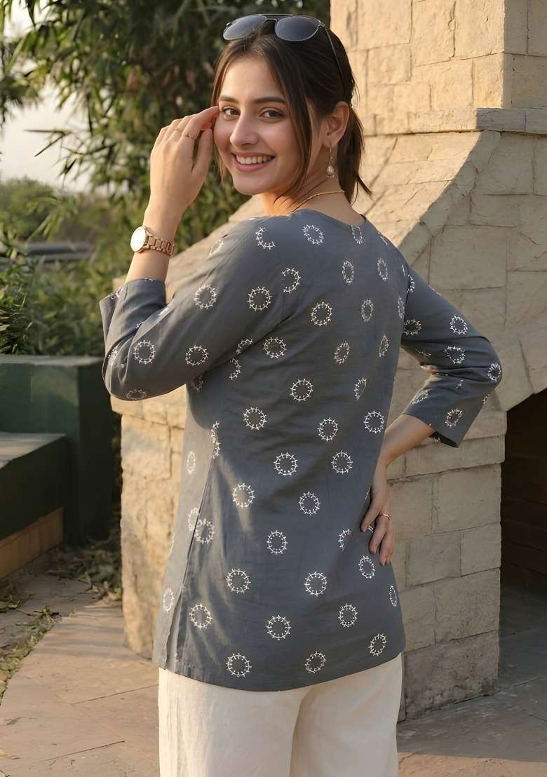 Grey Printed Cotton Top - Indya