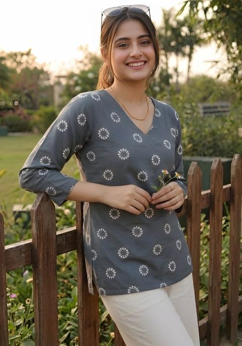 Grey Printed Cotton Top