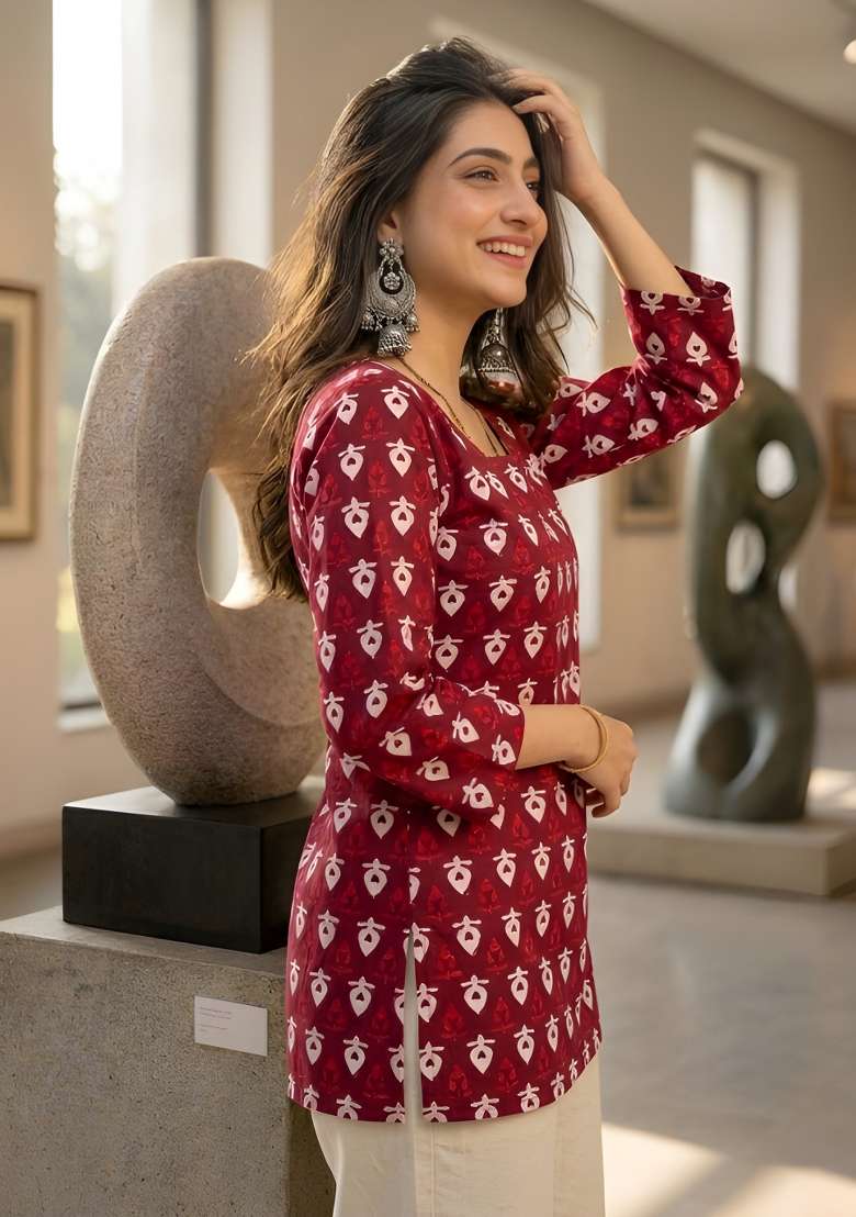 Maroon Printed Cotton Top - Indya