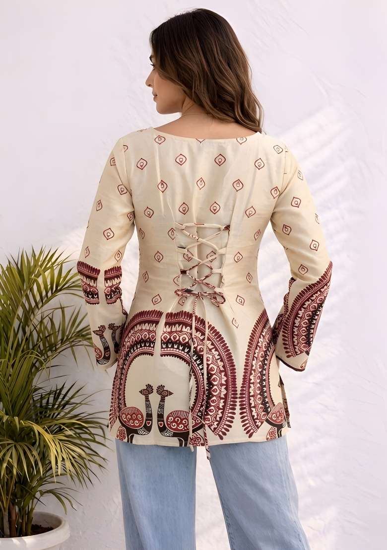 Cream Printed Cotton Top - Indya
