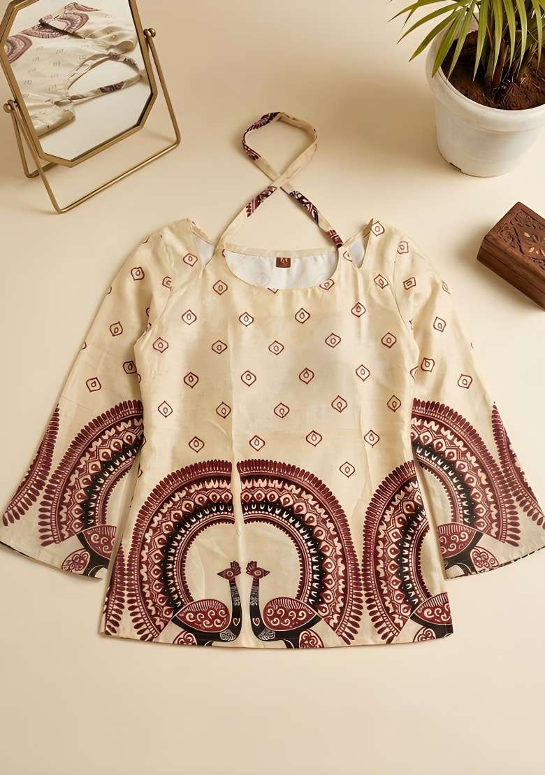 Cream Printed Cotton Top - Indya