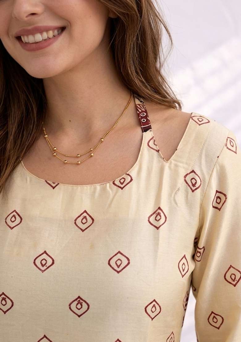 Cream Printed Cotton Top - Indya