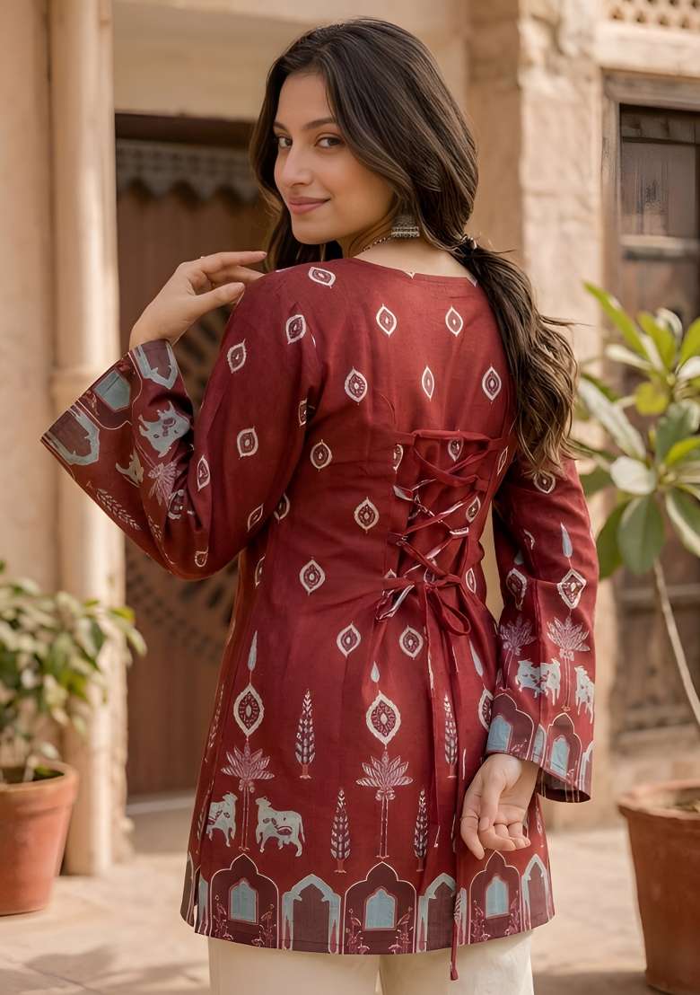 Rust Printed Cotton Top - Indya