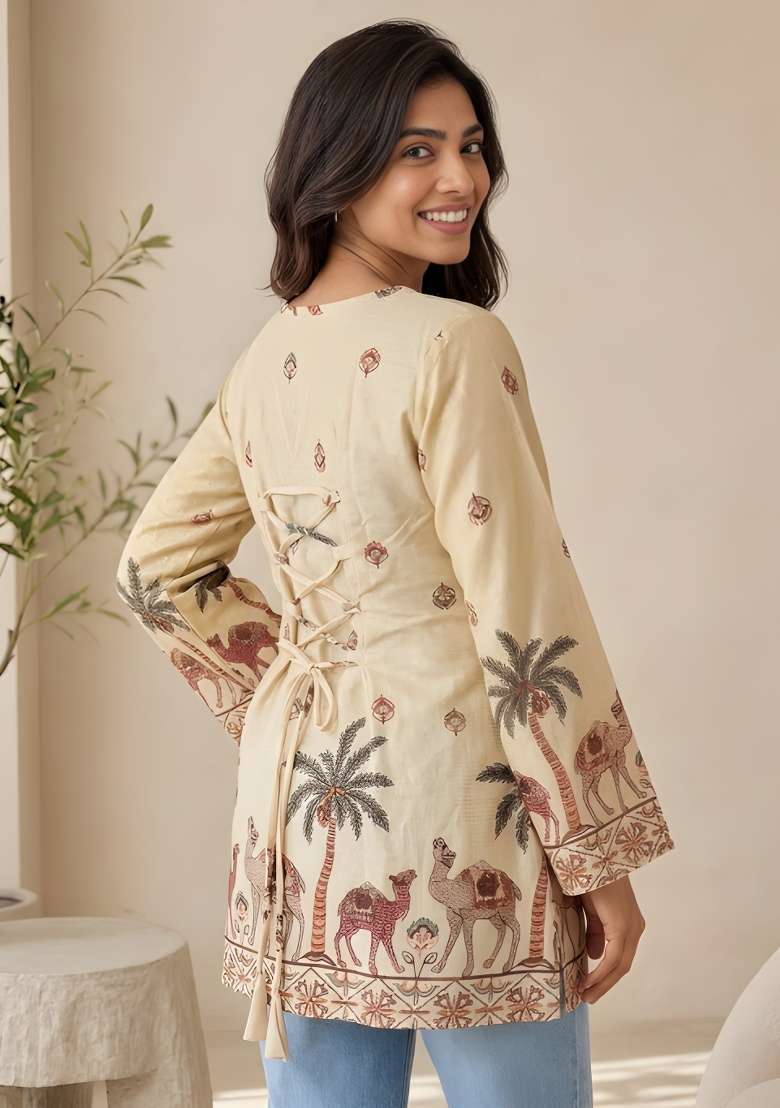 Cream Printed Cotton Top - Indya