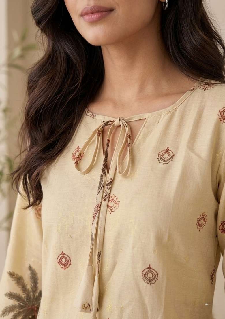 Cream Printed Cotton Top - Indya