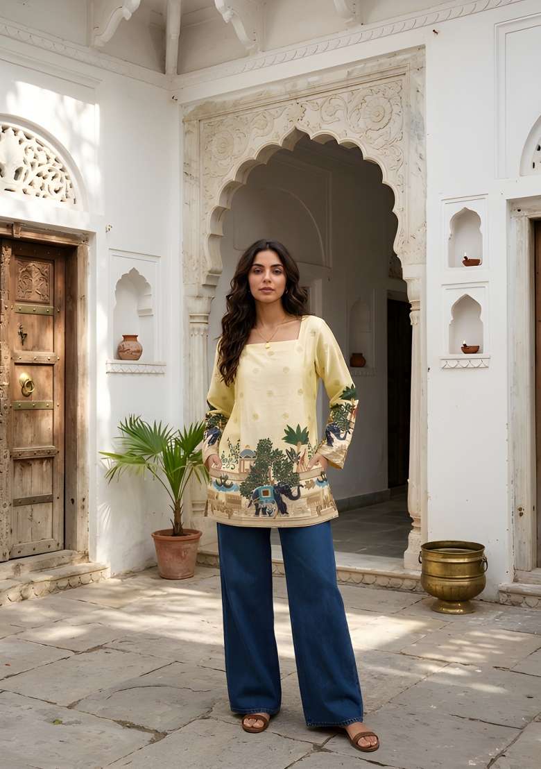 Cream Printed Cotton Top - Indya