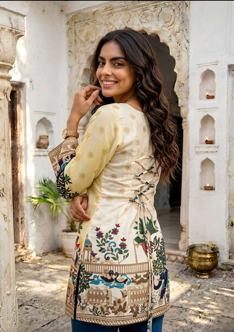 Cream Printed Cotton Top - Indya