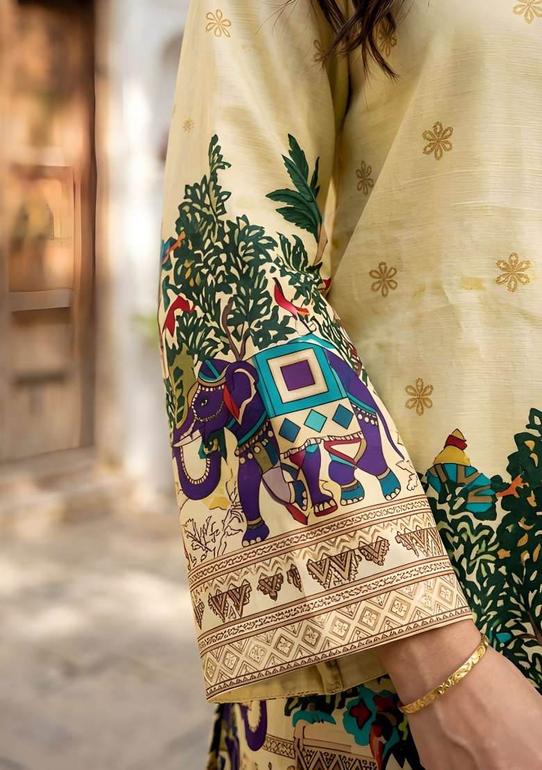 Cream Printed Cotton Top - Indya
