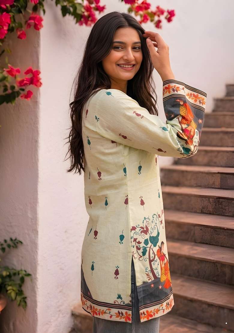 Cream Printed Cotton Top - Indya