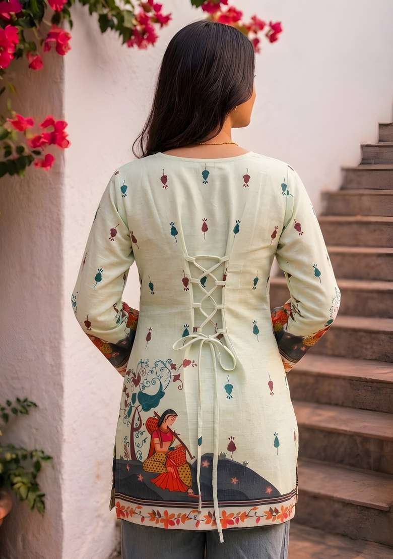 Cream Printed Cotton Top - Indya