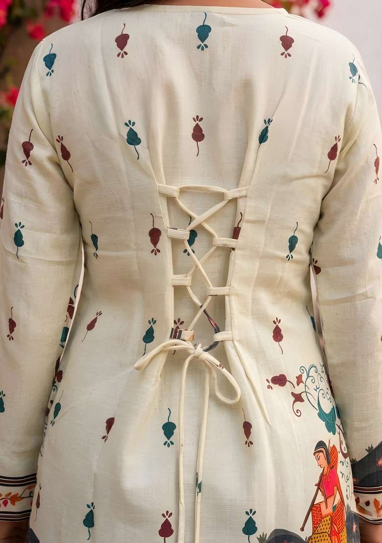 Cream Printed Cotton Top - Indya