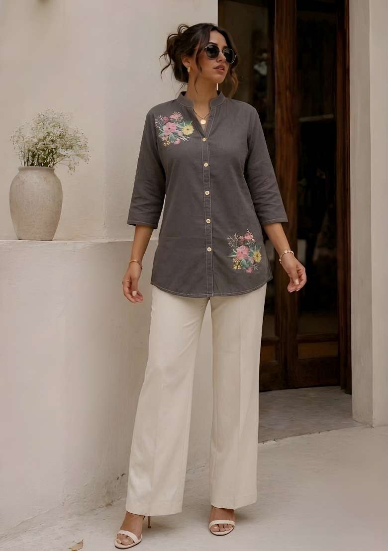 Grey Printed Cotton Top - Indya