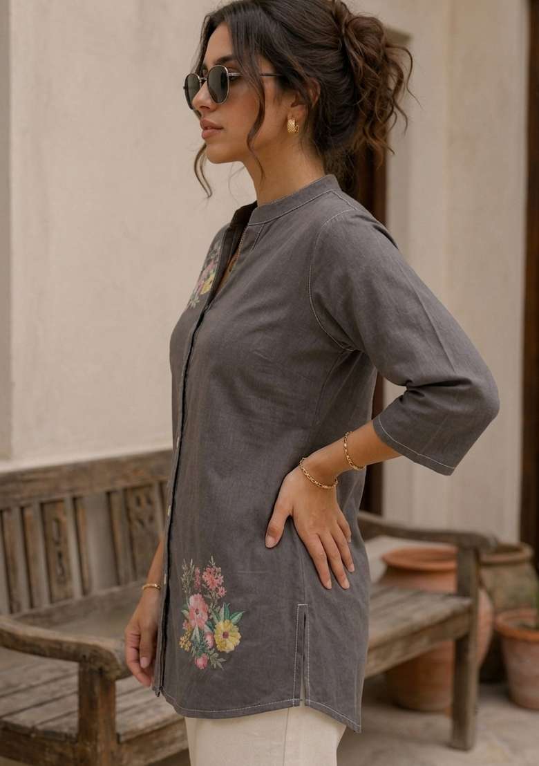 Grey Printed Cotton Top - Indya