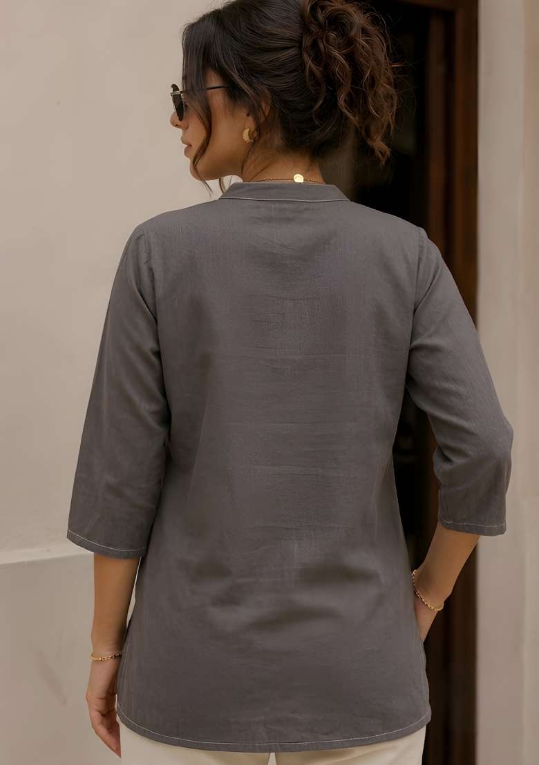 Grey Printed Cotton Top - Indya