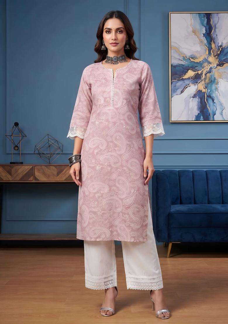 Mauve Printed Cotton Kurta - Indya