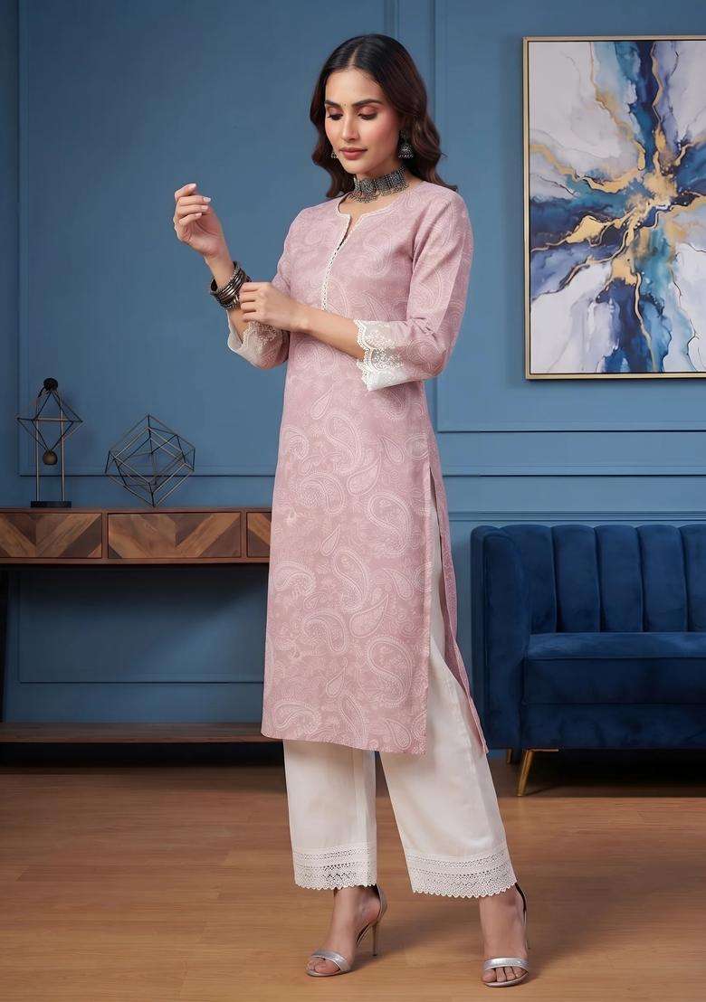 Mauve Printed Cotton Kurta - Indya