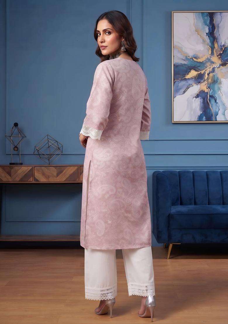 Mauve Printed Cotton Kurta - Indya