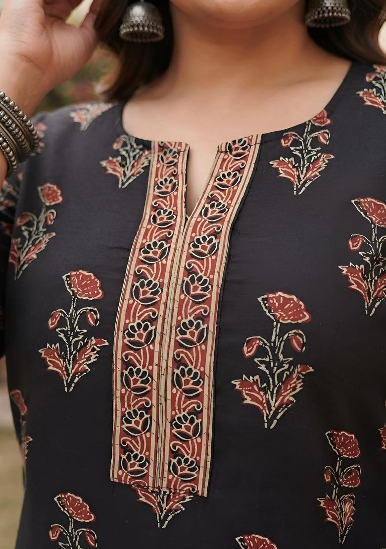 Black Printed Cotton Kurta - Indya