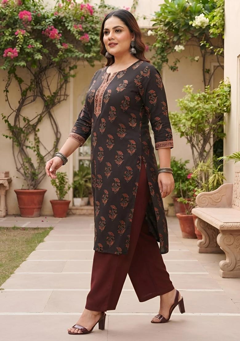 Black Printed Cotton Kurta - Indya