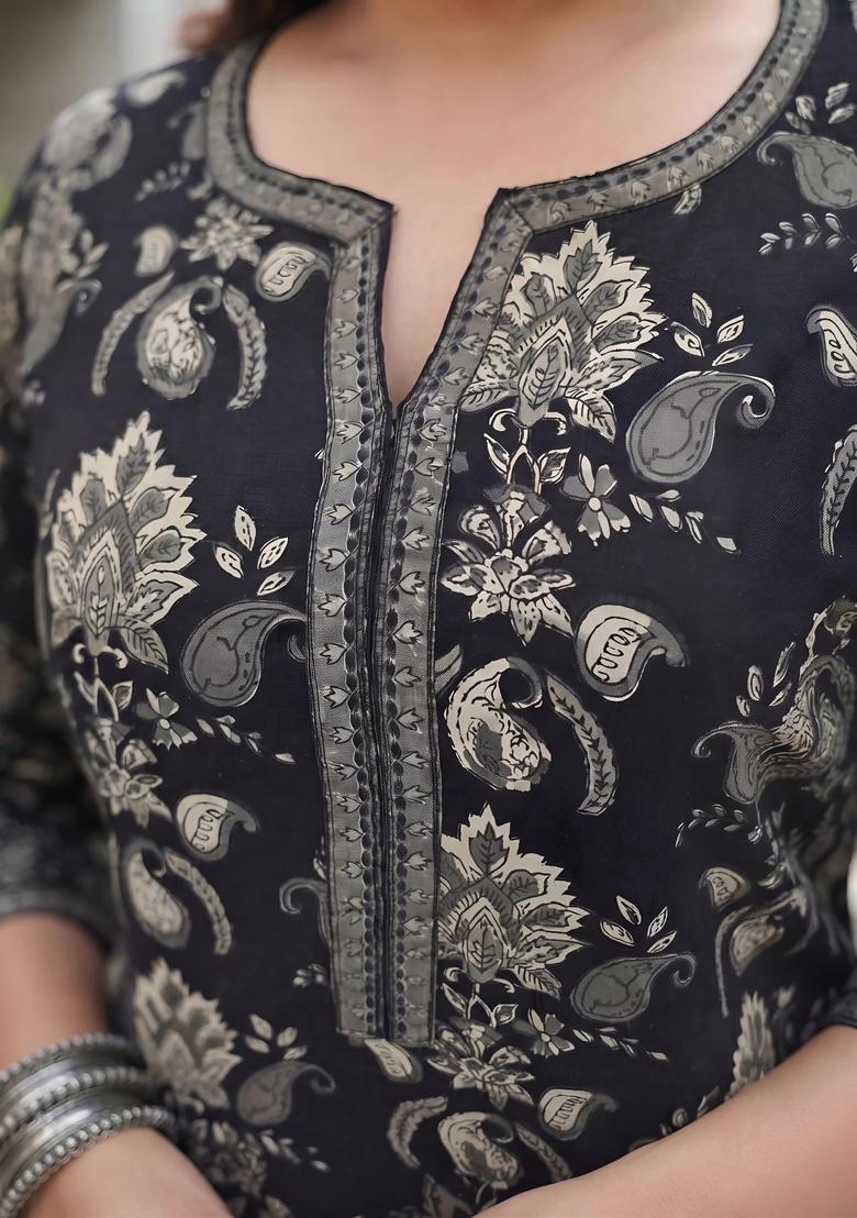 Black Printed Cotton Kurta - Indya