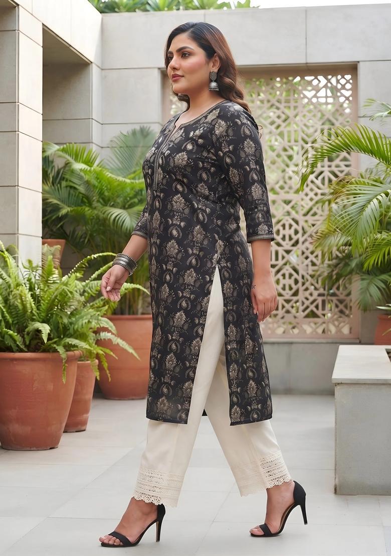 Black Printed Cotton Kurta - Indya