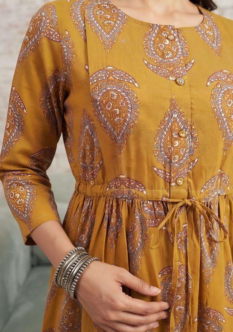 Mustard Printed Cotton Dress - Indya